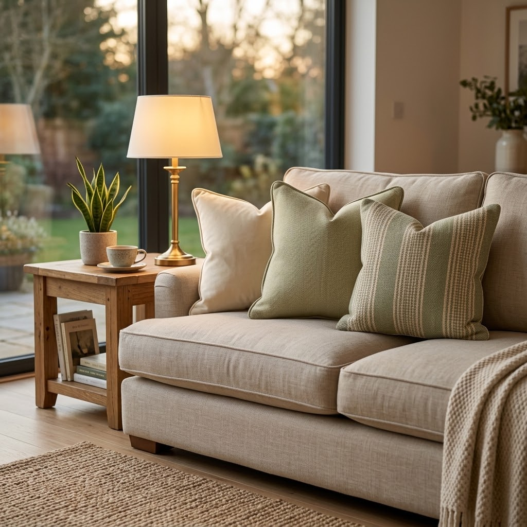 Herringbone-patterned sofa cushion